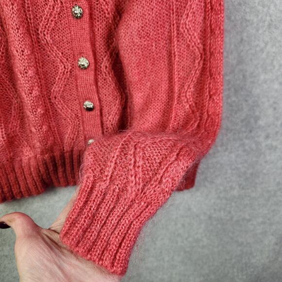 VTG 90s Cable Knit Sweater Cardigan Sz M Mohair Acrylic Blend Pink Button Preppy - Picture 6 of 13